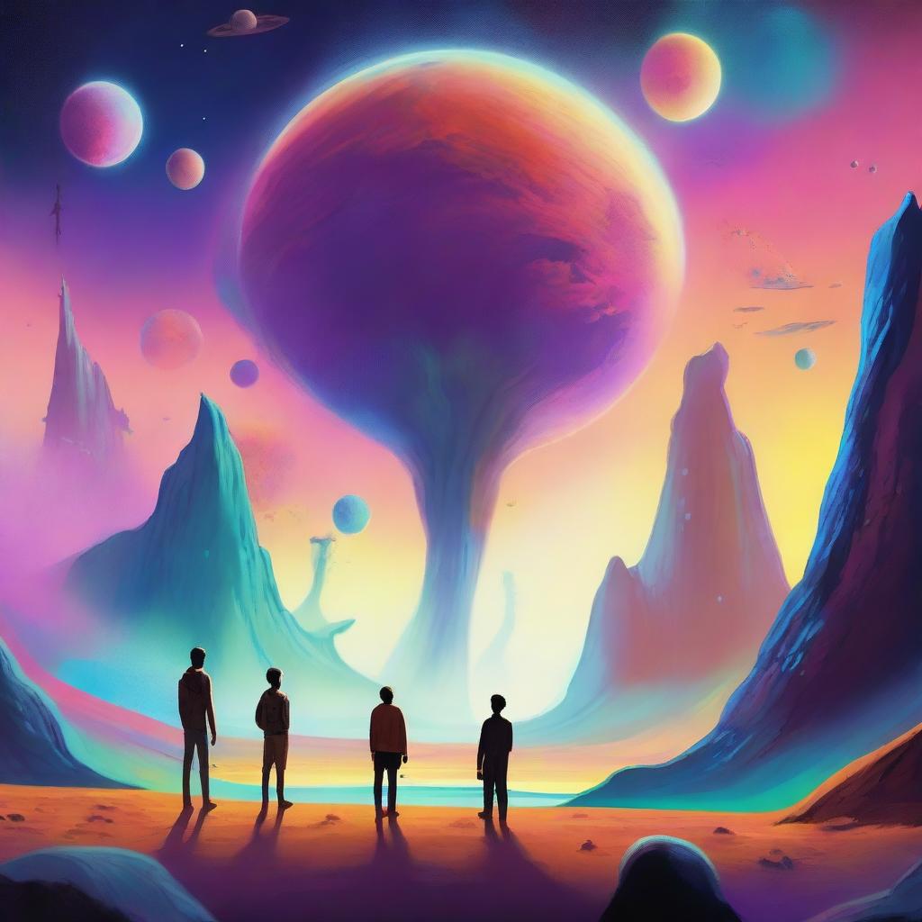 A scene depicting three people on an alien planet