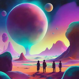 A scene depicting three people on an alien planet