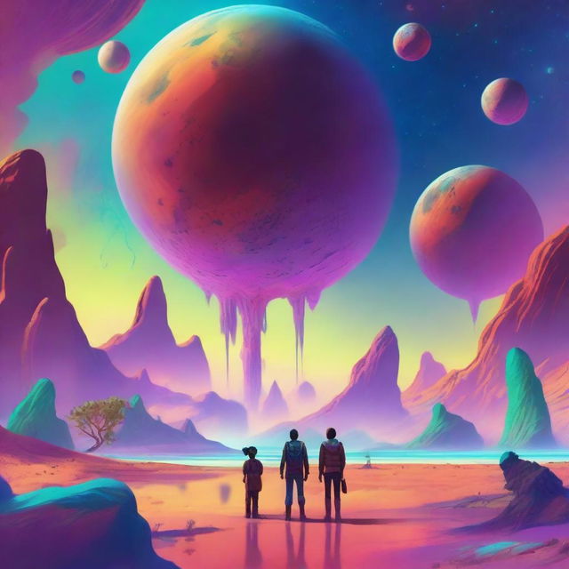 A scene depicting three people on an alien planet