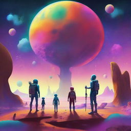 A scene depicting three people on an alien planet