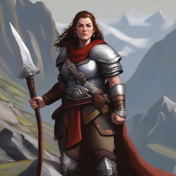 A female Dwarven Cleric wearing a detailed chest plate, wielding a dwarven war ax in one hand and a buckler in the other