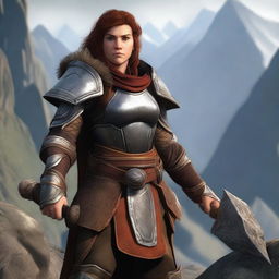 A female Dwarven Cleric wearing a detailed chest plate, wielding a dwarven war ax in one hand and a buckler in the other