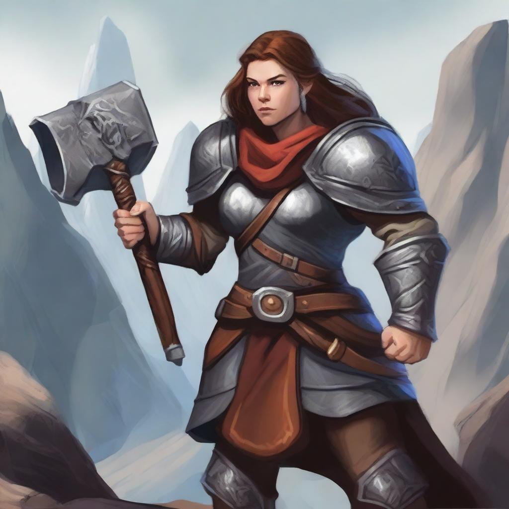 A female Dwarven Cleric wearing a detailed chest plate, wielding a dwarven war ax in one hand and a buckler in the other