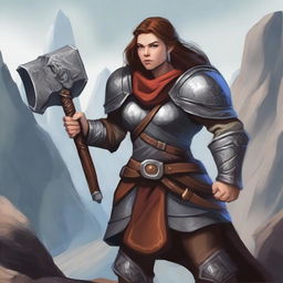 A female Dwarven Cleric wearing a detailed chest plate, wielding a dwarven war ax in one hand and a buckler in the other