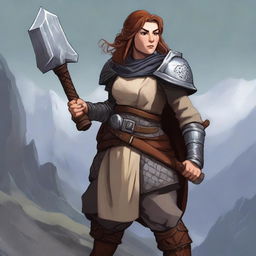 A female Dwarven Cleric wearing a detailed chest plate, wielding a dwarven war ax in one hand and a buckler in the other