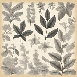 A vintage-style drawing featuring various plants