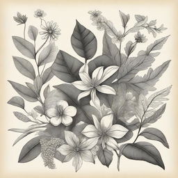 A vintage-style drawing featuring various plants