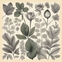 A vintage-style drawing featuring various plants