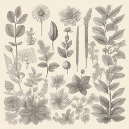 A vintage-style drawing featuring various plants