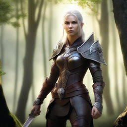 A female elven Ranger wearing studded leather armor, standing confidently in a forest