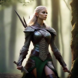 A female elven Ranger wearing studded leather armor, standing confidently in a forest