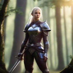 A female elven Ranger wearing studded leather armor, standing confidently in a forest