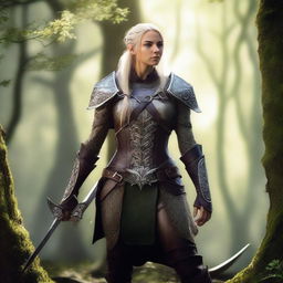 A female elven Ranger wearing studded leather armor, standing confidently in a forest