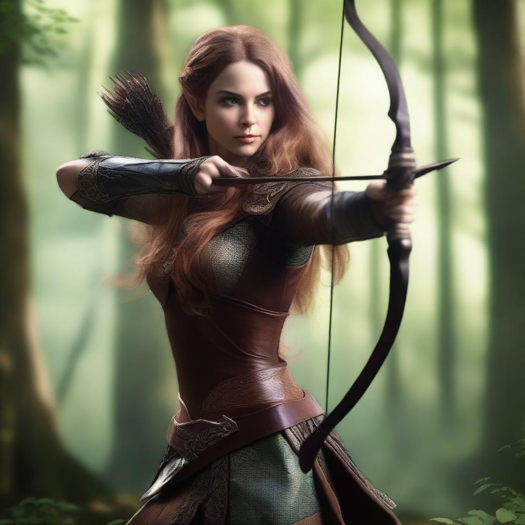 A female elven rogue wearing leather armor, skillfully shooting a bow