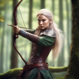 A female elven rogue wearing leather armor, skillfully shooting a bow