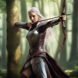 A female elven rogue wearing leather armor, skillfully shooting a bow