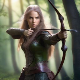 A female elven rogue wearing leather armor, skillfully shooting a bow