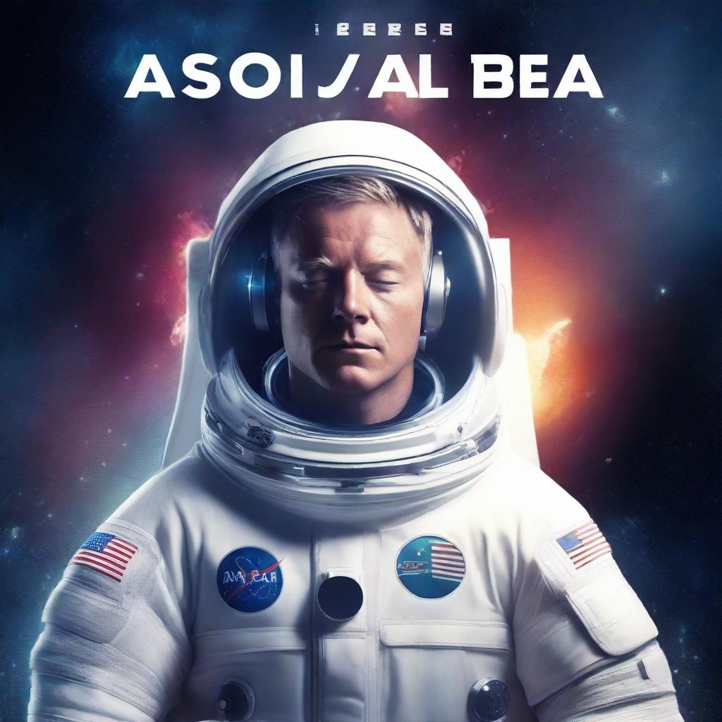 Create a cinematic style book cover featuring a white male astronaut with his eyes closed