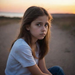 A young girl sitting alone, her eyes filled with sadness, her face lit by the soft, melancholy glow of a nearby sunset.