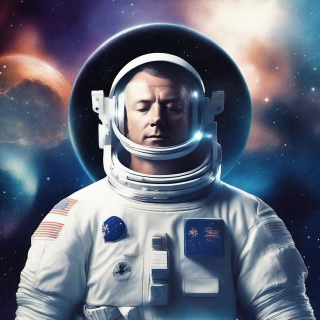 Create a cinematic style book cover featuring a white male astronaut with his eyes closed