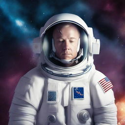 Create a cinematic style book cover featuring a white male astronaut with his eyes closed