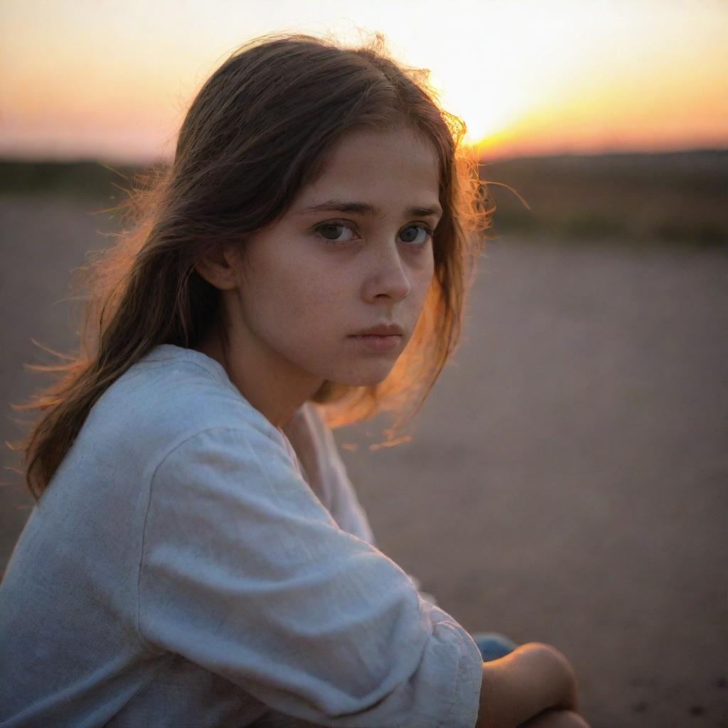 A young girl sitting alone, her eyes filled with sadness, her face lit by the soft, melancholy glow of a nearby sunset.