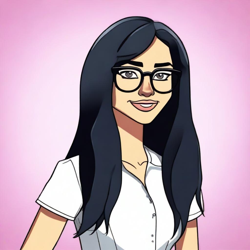 Create an animated drawing of a woman with long black hair and glasses