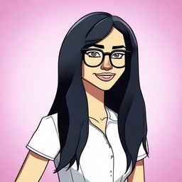 Create an animated drawing of a woman with long black hair and glasses