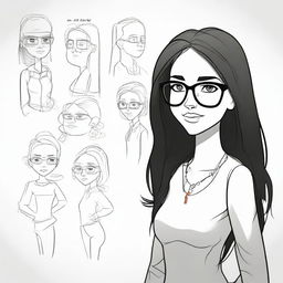 Create an animated drawing of a woman with long black hair and glasses