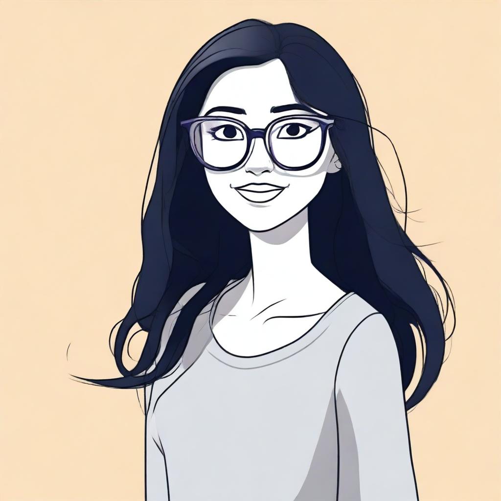 Create an animated drawing of a woman with long black hair and glasses