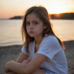 A young girl sitting alone, her eyes filled with sadness, her face lit by the soft, melancholy glow of a nearby sunset.