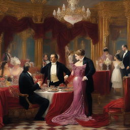 A lavish scene depicting hedonism, with people indulging in various pleasures such as fine dining, luxurious surroundings, and extravagant entertainment