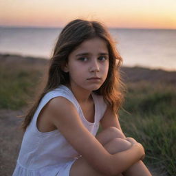 A young girl sitting alone, her eyes filled with sadness, her face lit by the soft, melancholy glow of a nearby sunset.