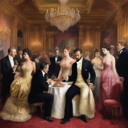 A lavish scene depicting hedonism, with people indulging in various pleasures such as fine dining, luxurious surroundings, and extravagant entertainment