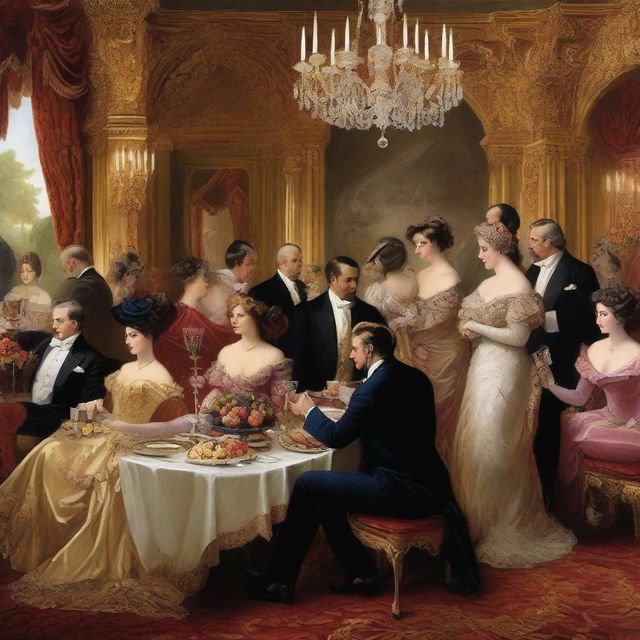 A lavish scene depicting hedonism, with people indulging in various pleasures such as fine dining, luxurious surroundings, and extravagant entertainment