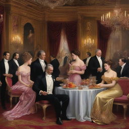 A lavish scene depicting hedonism, with people indulging in various pleasures such as fine dining, luxurious surroundings, and extravagant entertainment