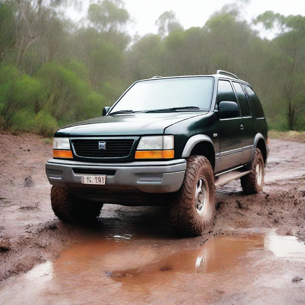 A 1996 Holden Frontera lifted with a 4x4 setup, covered in mud from off-roading