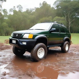 A 1996 Holden Frontera lifted with a 4x4 setup, covered in mud from off-roading