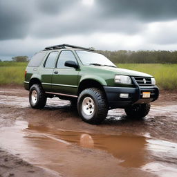 A 1996 Holden Frontera lifted with a 4x4 setup, covered in mud from off-roading