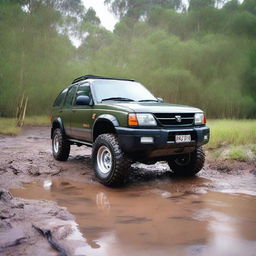 A 1996 Holden Frontera lifted with a 4x4 setup, covered in mud from off-roading