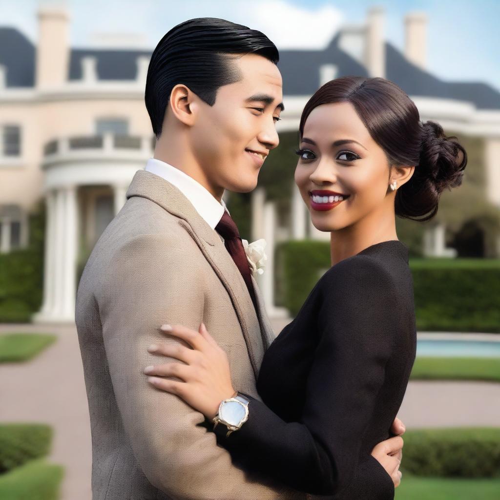 A 27-year-old Asian man with light skin and short dark hair wearing a suit, and a 25-year-old black woman with brown skin and long black hair styled in pigtails wearing a dress, standing in front of a mansion