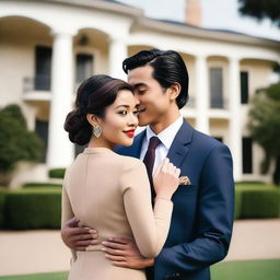 A 27-year-old Asian man with light skin and short dark hair wearing a suit, and a 25-year-old black woman with brown skin and long black hair styled in pigtails wearing a dress, standing in front of a mansion