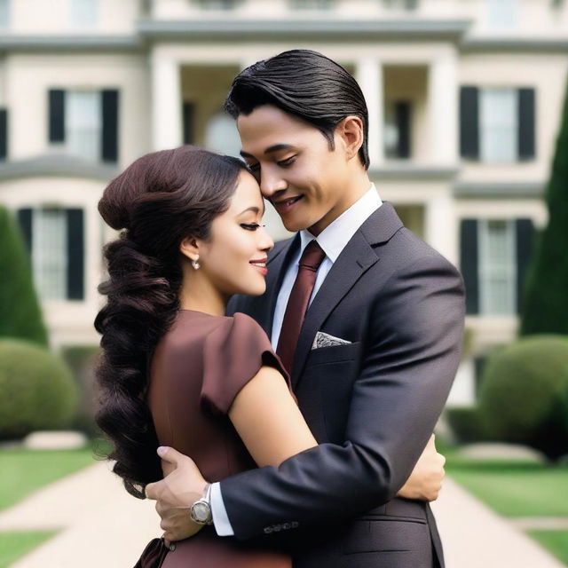 A 27-year-old Asian man with light skin and short dark hair wearing a suit, and a 25-year-old black woman with brown skin and long black hair styled in pigtails wearing a dress, standing in front of a mansion