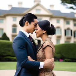 A 27-year-old Asian man with light skin and short dark hair wearing a suit, and a 25-year-old black woman with brown skin and long black hair styled in pigtails wearing a dress, standing in front of a mansion