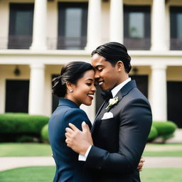 A 27-year-old Asian man with light skin and short dark hair wearing a suit, and a 25-year-old black woman with dark skin and long black hair styled in pigtails wearing a dress