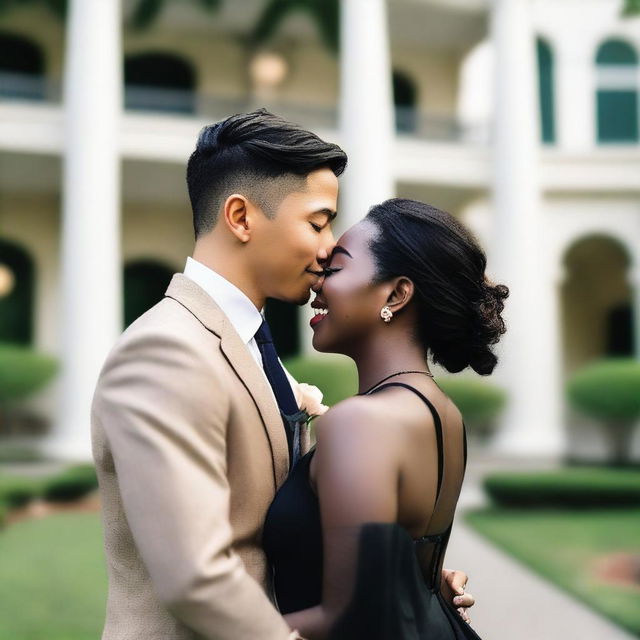 A 27-year-old Asian man with light skin and short dark hair wearing a suit, and a 25-year-old black woman with dark skin and long black hair styled in pigtails wearing a dress