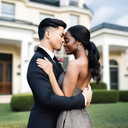 A 27-year-old Asian man with light skin and short dark hair wearing a suit, and a 25-year-old black woman with dark skin and long black hair styled in pigtails wearing a dress