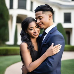 A 27-year-old Asian man with light skin and short dark hair wearing a suit, and a 25-year-old black woman with dark skin and long black hair styled in pigtails wearing a dress