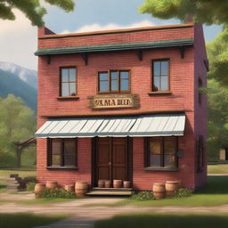 Create an image of an 1800s two-story brick building with awnings