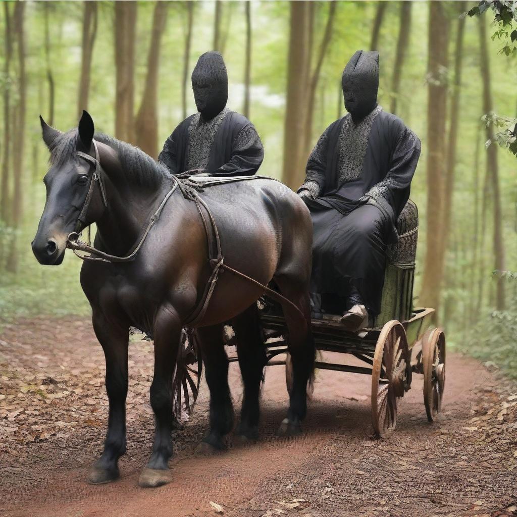 Dois homens de sobretudo preto em uma carruagem, numa floresta escura e cheia de vagalumes